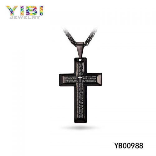 Engraved Black Stainless Steel Cross Necklace