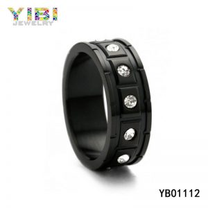 Black Stainless Steel Wedding Bands with CZ Inlay