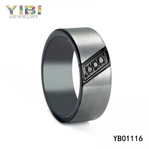 Brushed Steel Wedding Band with Black CZ Inlay