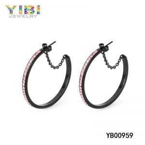 Pink CZ Inlay Black Stainless Steel Earrings