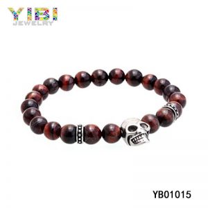 Mens Stainless Steel Skull Bracelets with Stone Beads