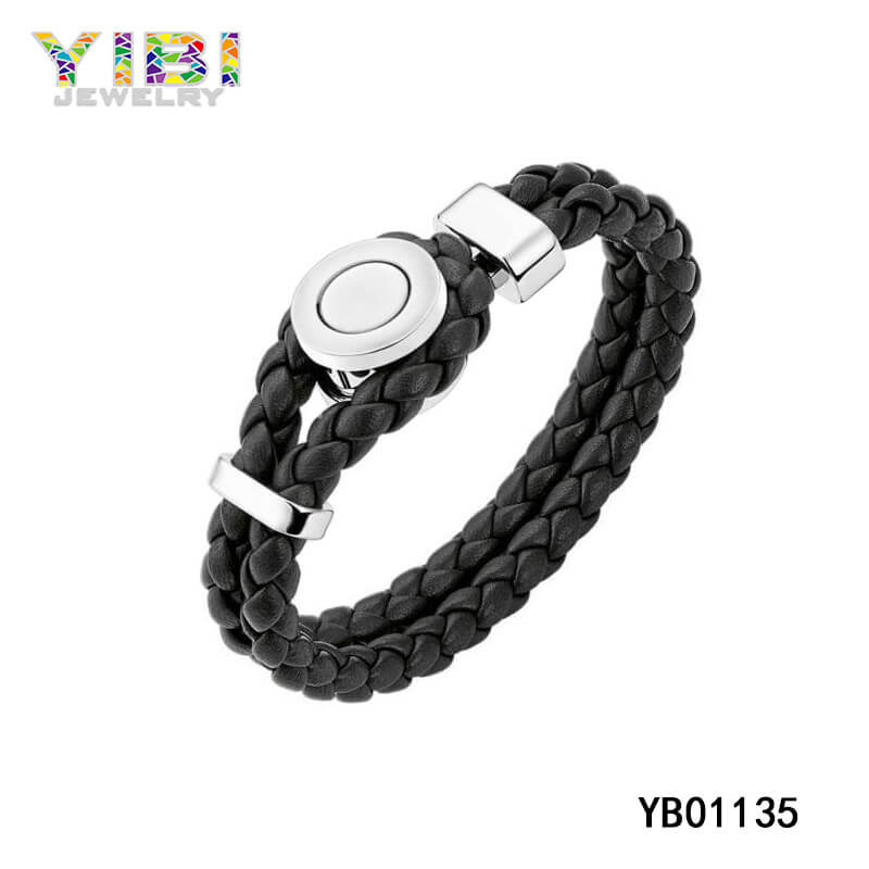 High Quality Black Stainless Steel Leather Bracelet