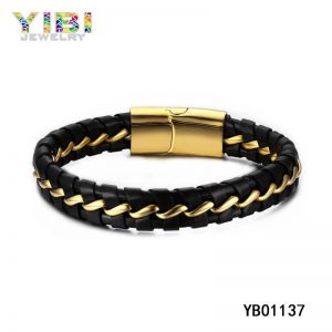 Gold Plated Stainless Steel Leather Bracelet
