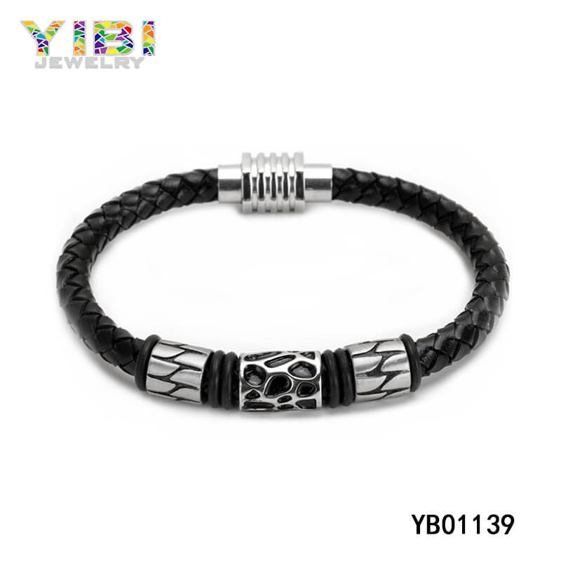 High Quality Black Stainless Steel Leather Bracelet