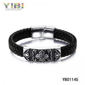 Vintage Black Stainless Steel Leather Bracelet