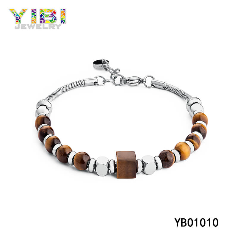 Tiger Eye Stone Stainless Steel Beaded Bracelet