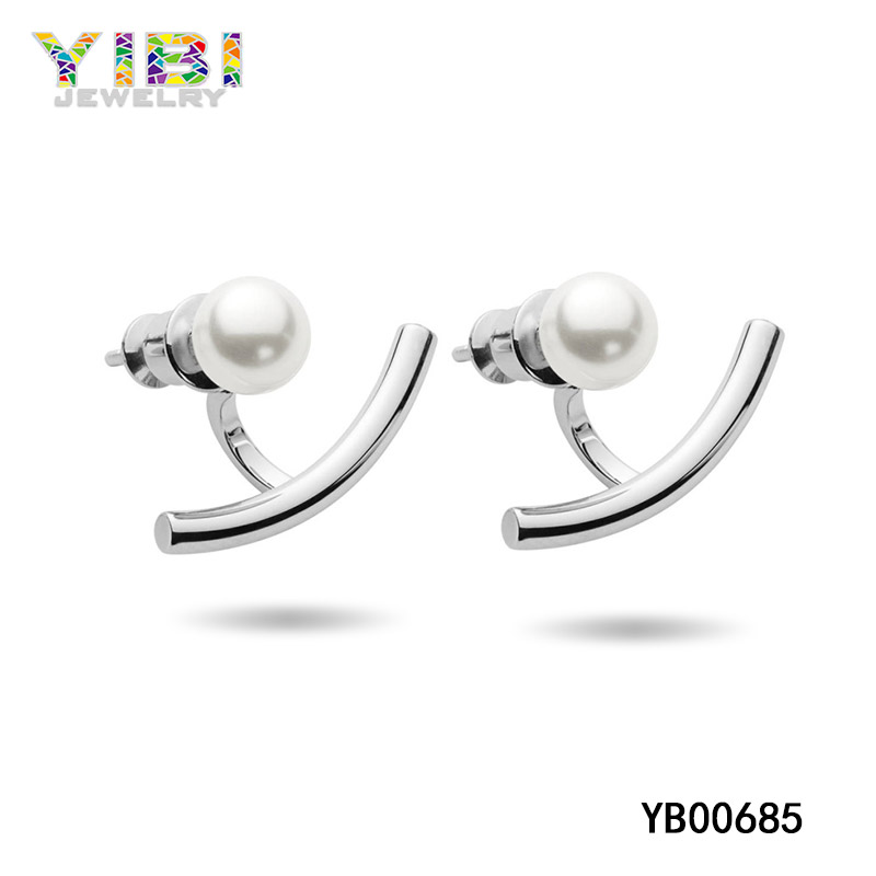 Curved Stainless Steel Pearl Earrings